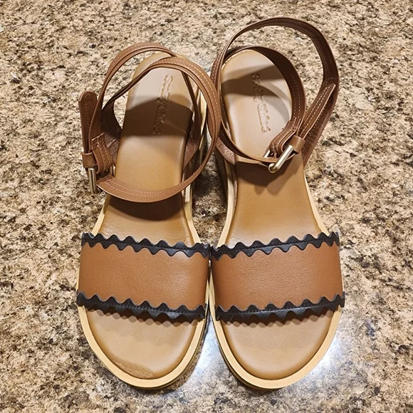 SEE BY CHLOÉ "Robin" Wedge Platform w/Ankle Strap - Tan/Brown/Black - Size 38/8 - Picture 3 of 12